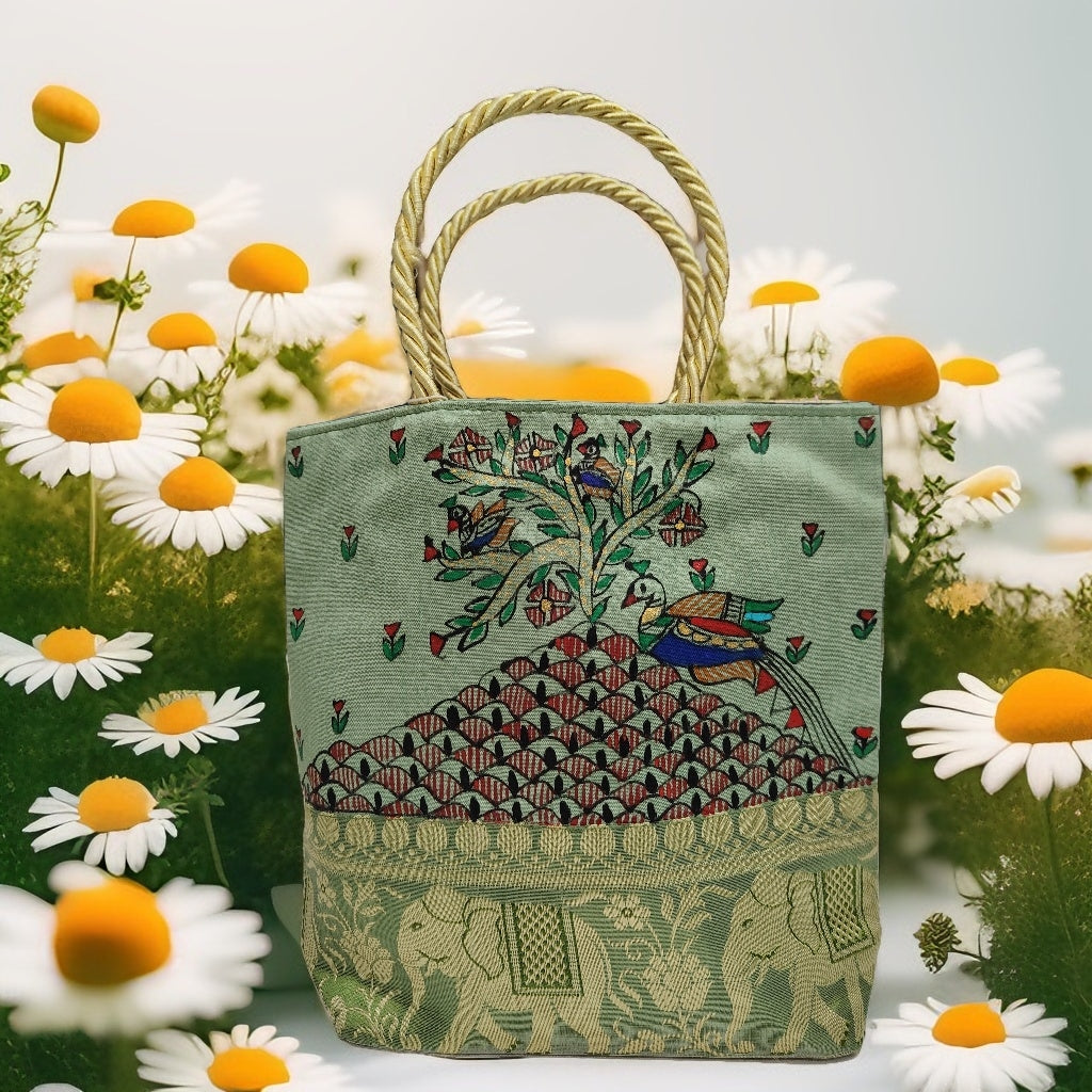 Handpainted Madhubani Bag – Green with Brocade Border, Tree of Life